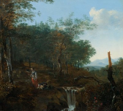 Paesaggio boschivo con cascata da Adam Pynacker